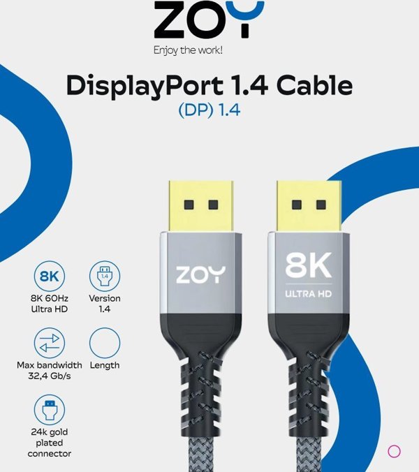 ZOY DisplayPort 1.4 Καλώδιο Σύνδεσης, 3m, Μαύρο με Δεματικό ZCD3