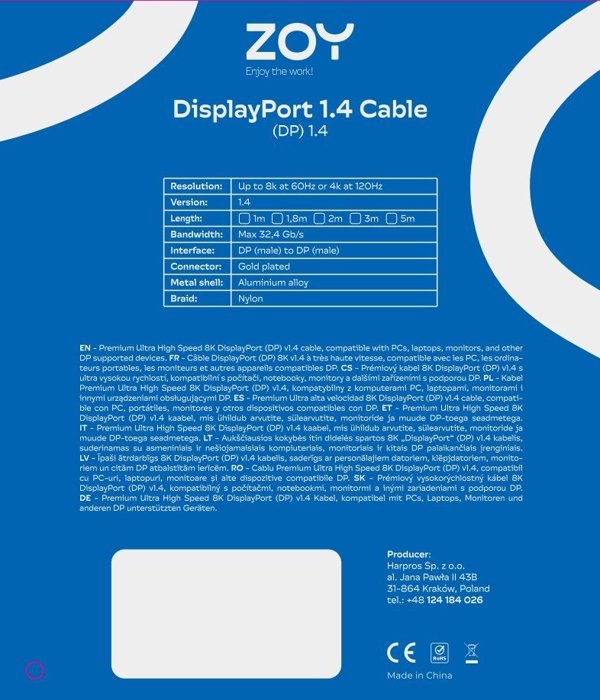 ZOY DisplayPort 1.4 Καλώδιο Σύνδεσης, 3m, Μαύρο με Δεματικό ZCD3
