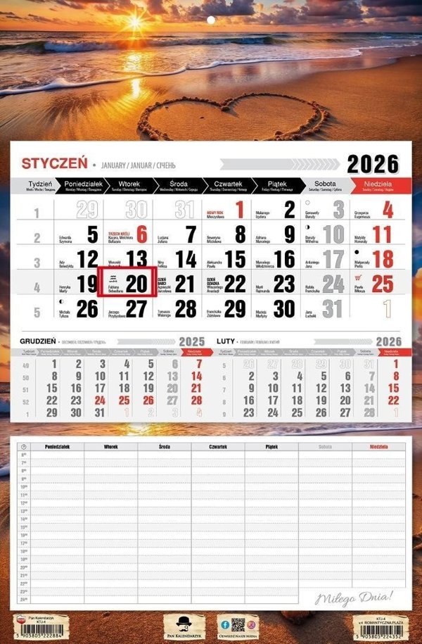 Kalendarz 2026 jednodzielny z planem zajec plaza