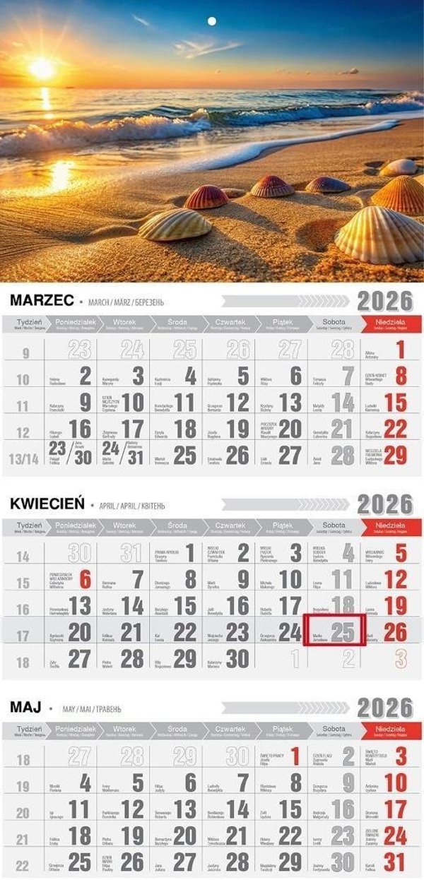 Kalendarz 2026 trojdzielny z magnesem plaza