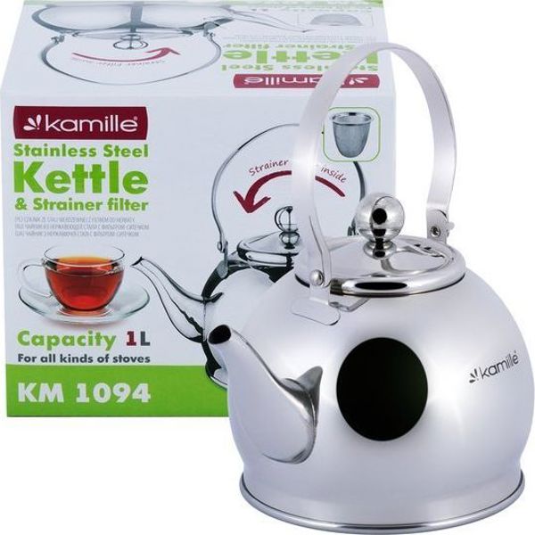 Kamille KM-1094 Βραστήρας Νερού από Ανοξείδωτο Ατσάλι 1L, Κατάλληλος για Επαγωγικές Εστίες, Ασημί