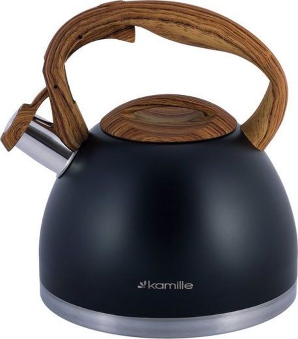 Kamille KM-1087 Ατσάλινος Βραστήρας με Σφυρίχτρα 2.7L, Μαύρο Χρώμα με Καφέ Λαβή