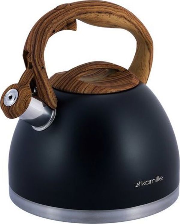 Kamille KM-1087 Ατσάλινος Βραστήρας με Σφυρίχτρα 2.7L, Μαύρο Χρώμα με Καφέ Λαβή