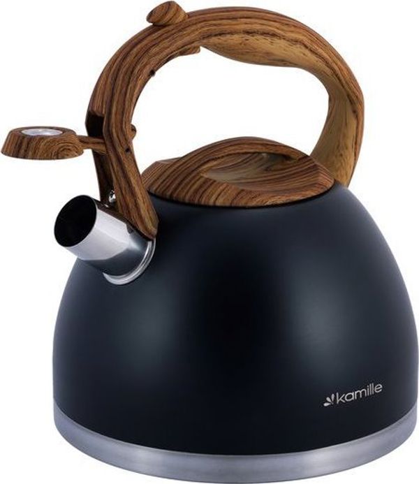 Kamille KM-1087 Ατσάλινος Βραστήρας με Σφυρίχτρα 2.7L, Μαύρο Χρώμα με Καφέ Λαβή
