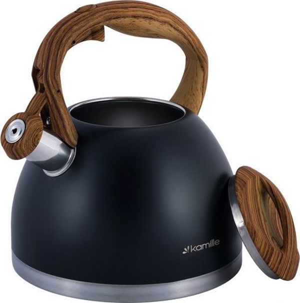 Kamille KM-1087 Ατσάλινος Βραστήρας με Σφυρίχτρα 2.7L, Μαύρο Χρώμα με Καφέ Λαβή