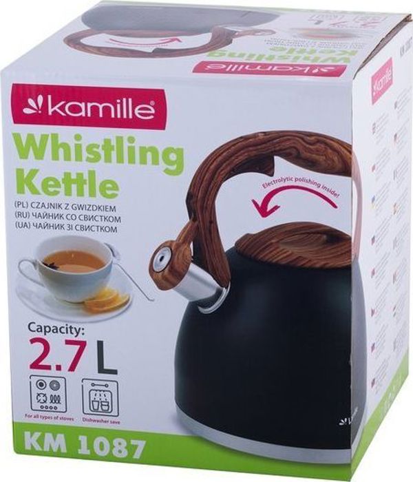 Kamille KM-1087 Ατσάλινος Βραστήρας με Σφυρίχτρα 2.7L, Μαύρο Χρώμα με Καφέ Λαβή