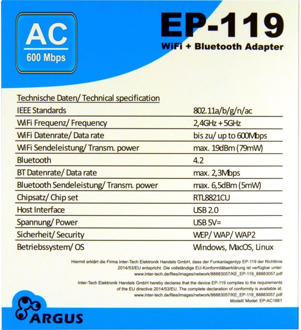 Karta sieciowa Inter-Tech INTER-TECH EP-119 Wi-Fi 5 USB Adapter 600Mbps BT 4.2