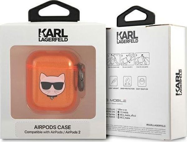 Karl Lagerfeld Choupette Head Glitter Θήκη για AirPods 1/2, TPU, Πορτοκαλί