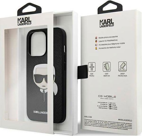 Σκληρή θήκη Karl Lagerfeld KLHCP13LSAKHBK Apple iPhone 13 Pro μαύρη Saffiano Ikonik Karl`s Head