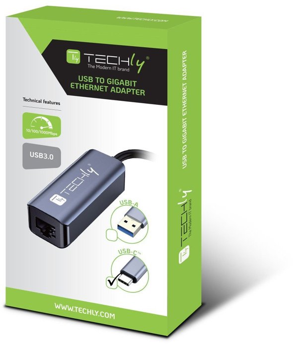 Techly Προσαρμογέας USB 3.1 Type-C σε RJ45 Ethernet Gigabits, Ασημί