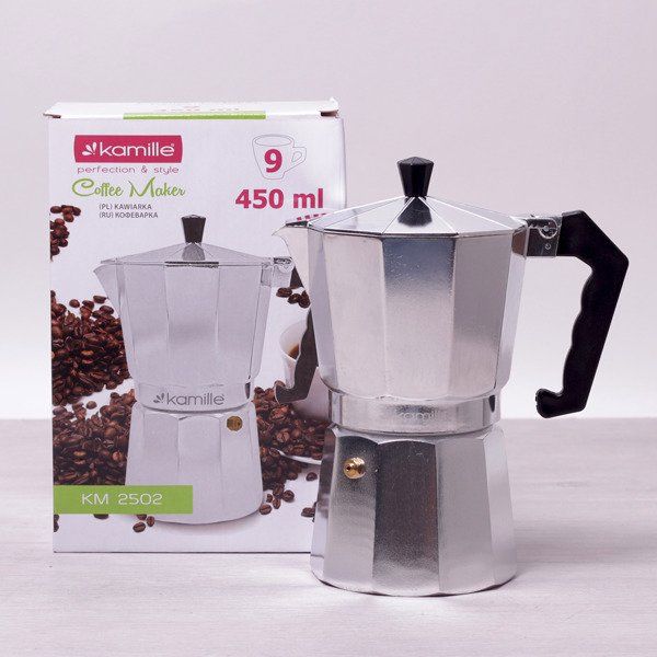 Καφετιέρα Kamille 2502 Αλουμινίου Moka Pot 450ml (9 Φλιτζάνια) - Κατάλληλη για Εστίες (Εκτός Επαγωγικών)