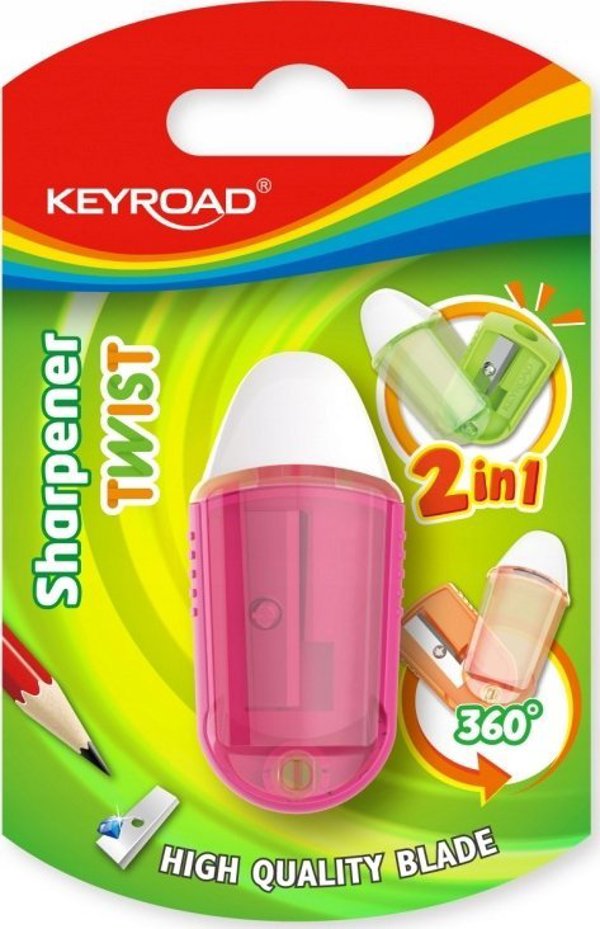Keyroad Ξύστρα Πλαστική με Γόμα Twist, Μονή, Blister, Mix Χρωμάτων