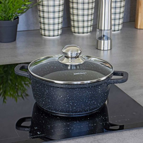 KingHoff Χυτή Κατσαρόλα Μαρμάρινη KH-1595 24cm 4.5L με Γυάλινο Καπάκι