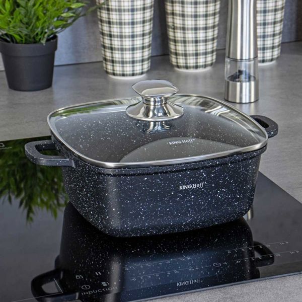 KingHoff KH-1601 Τετράγωνη Γλάστρα 20cm με Μαρμάρινη Επικάλυψη 2.8L και Γυάλινο Καπάκι