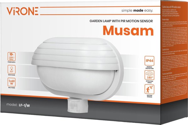 Φωτιστικό Τοίχου Orno Musam, Φωτιστικό Κήπου με Αισθητήρα Κίνησης 180°, E27, 60W, IP44, Λευκό, LF-1/W