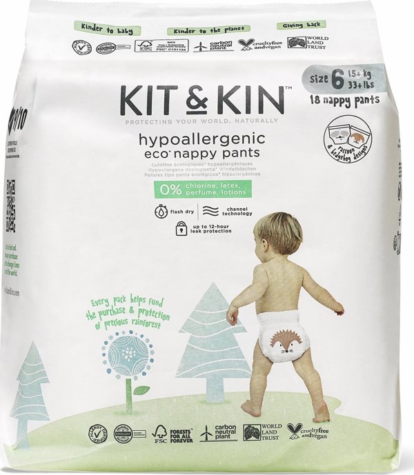 Kit & Kin Πάνες Βρακάκια Nappy Pants, Μέγεθος 6 XL (12-17kg), Σχέδιο Σκαντζόχοιρος/Ρακούν, 18 Τεμάχια