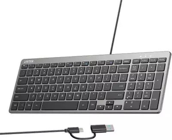 Unitek SlimTap Ενσύρματο Πληκτρολόγιο Γραφείου, USB-C/USB-A, Λεπτό και Ελαφρύ, Μαύρο