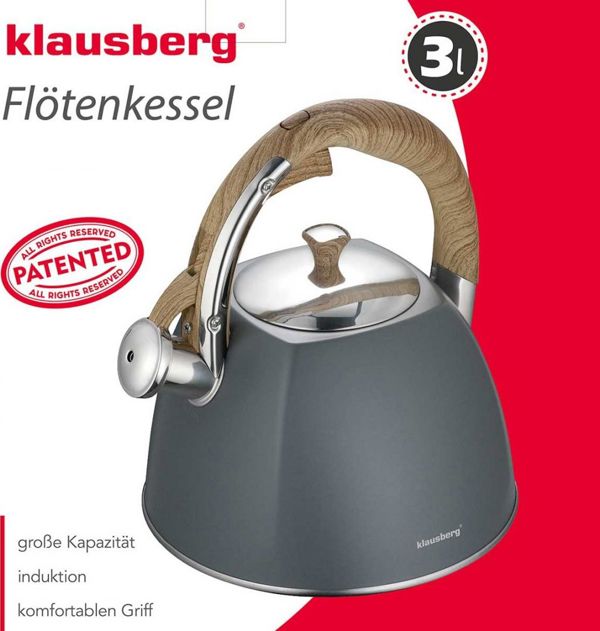 Klausberg Βραστήρας Με Σφυρίχτρα KB-7501, 3L, Ανοξείδωτο Ατσάλι, Γκρι, Για Όλες Τις Εστίες
