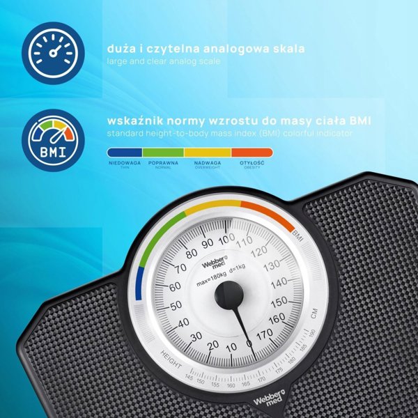 Klasyczna Waga Lazienkowa MECHANICZNA Analogowa do 180 KG CZARNA WEBBER BMI
