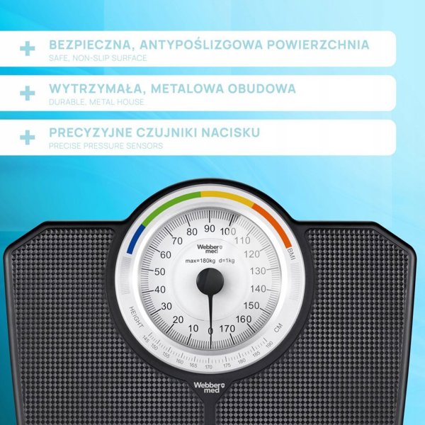 Klasyczna Waga Lazienkowa MECHANICZNA Analogowa do 180 KG CZARNA WEBBER BMI