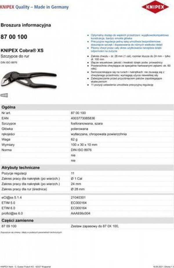 Knipex Cobra XS Ρυθμιζόμενη Πένσα Σωλήνων, 100mm, Μικρού Μεγέθους για Στενούς Χώρους