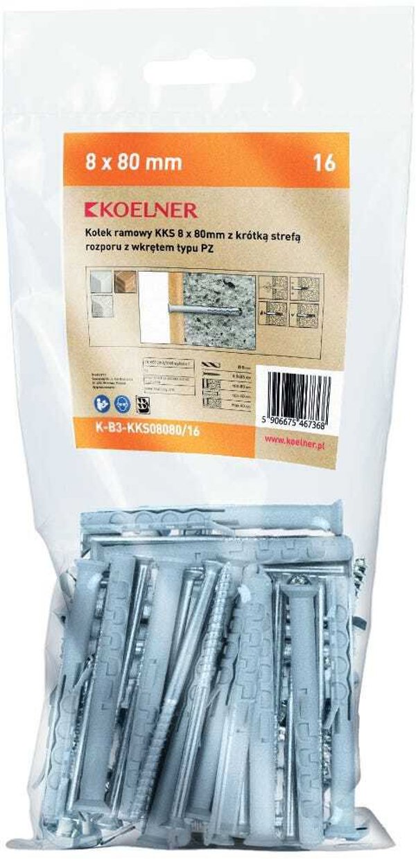 Koelner Rawlplug Kolek ramowy KKS 8x80mm z krotka strefa rozporu z wkretem typu PZ, 16szt - 15bl