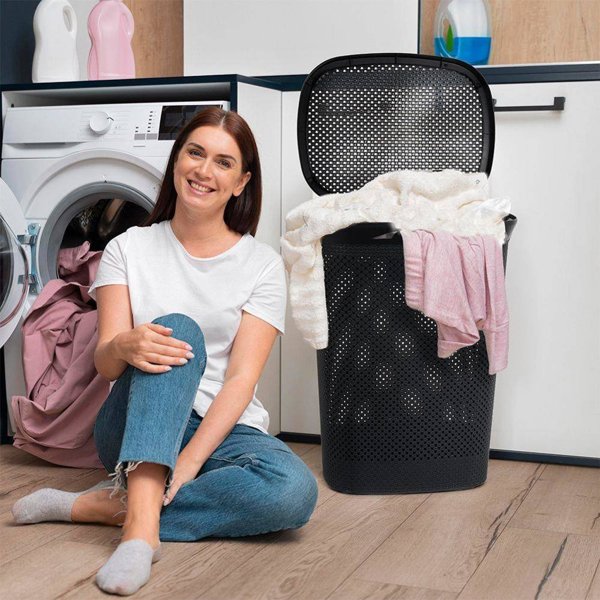 Bathroom Solutions Καλάθι Για Άπλυτα Με Καπάκι, 60 Λίτρα, Μαύρο