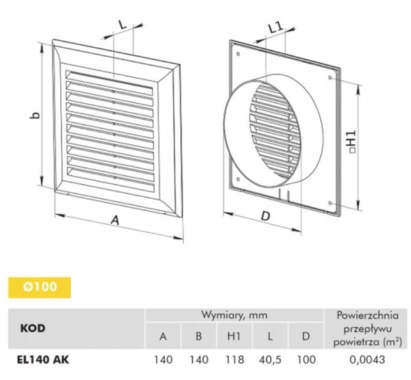 Kratka wentylacyjna 180x180mm z siatka i kolnierzem okraglym fi 125mm biala EL180AK