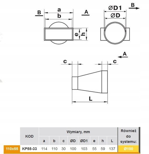 Lacznik kanalu plaskiego i okraglego 55x110 fi 100mm wspolosciowy bialy KP55-33