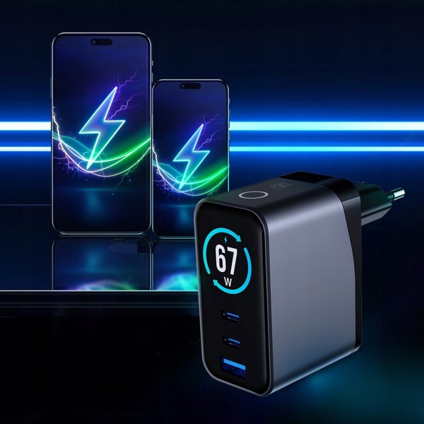 Φορτιστής δικτύου 3MK InCharge Lumin PD 67W QC4+ PPS AFC FCP SCP USB-A 2xUSB-C TFT μαύρος