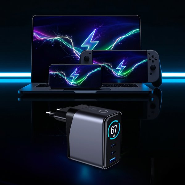 Φορτιστής δικτύου 3MK InCharge Lumin PD 67W QC4+ PPS AFC FCP SCP USB-A 2xUSB-C TFT μαύρος