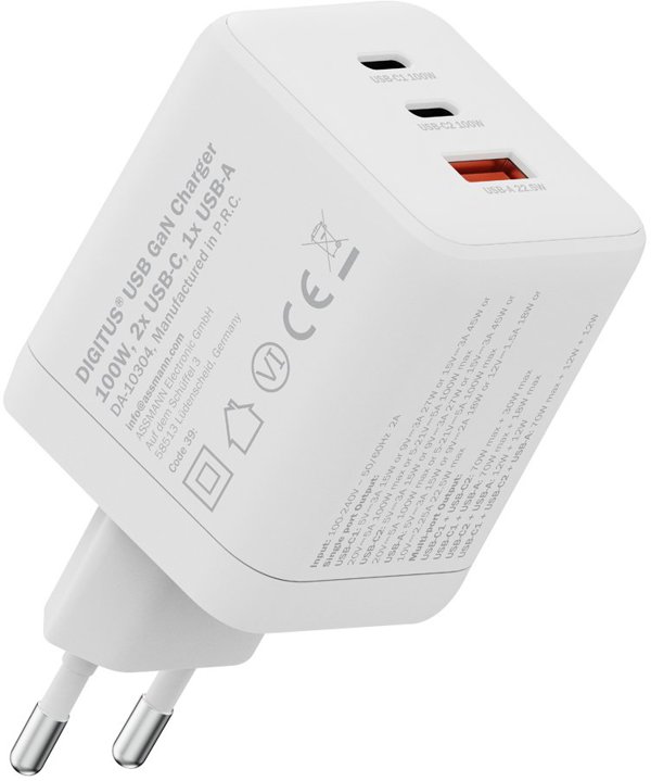 Φορτιστής δικτύου 100W με 2x USB-C και 1x USB-A λευκός