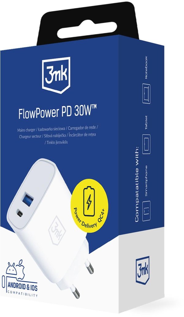 Φορτιστής 3MK FlowPower 30W PD 3.0 QC4+ με Θύρες USB-A & USB-C White