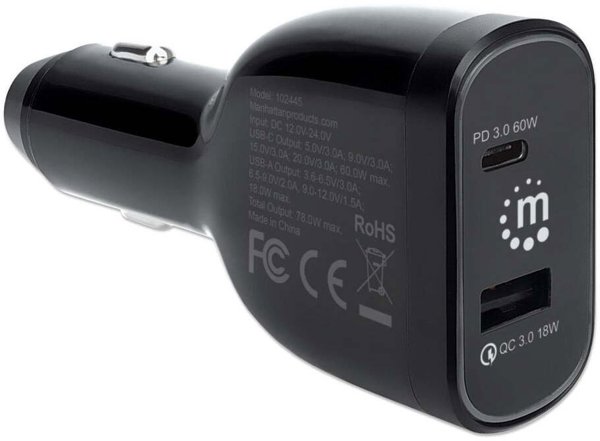 Manhattan Φορτιστής Αυτοκινήτου 78W, USB-C PD 60W & USB-A QC 18W