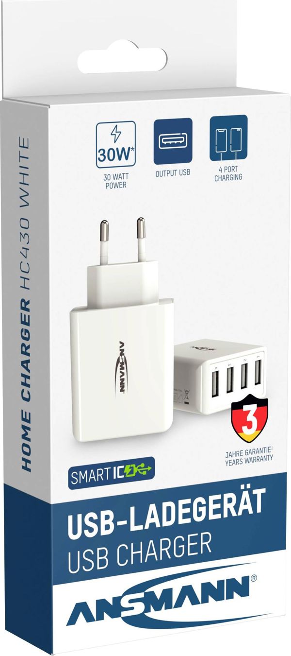 Ansmann Φορτιστής Τοίχου HC430, 4x USB-A, 30W, 3A, Μαύρο (1001-0113)