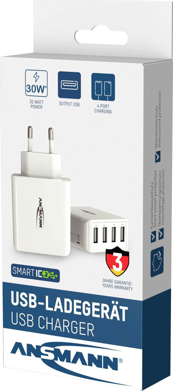 Ansmann Φορτιστής Τοίχου HC430, 4x USB-A, 30W, 3A, Μαύρο (1001-0113)