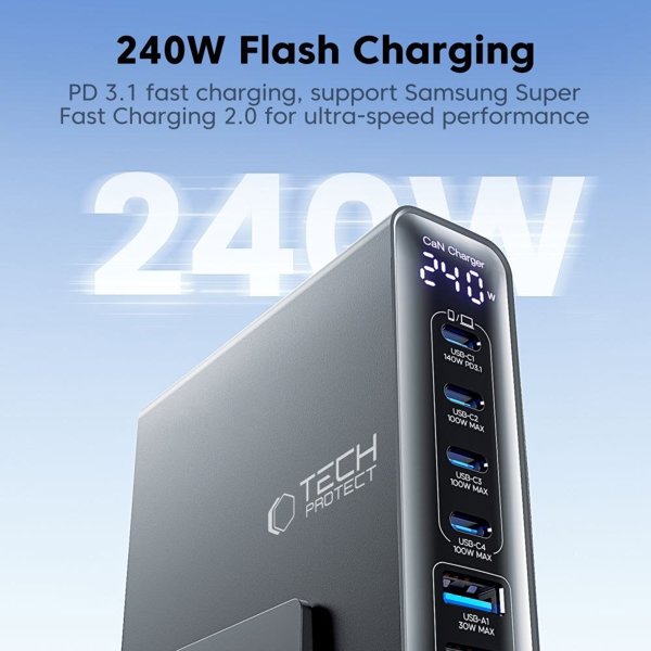 Tech-Protect DC240W-GAN Επιτραπέζιος Φορτιστής 6-Port 240W PD & QC3.0, Μαύρο