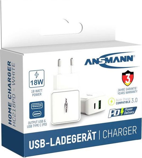 Ansmann HC218PD Φορτιστής Τοίχου USB-A & USB-C 3A, Ταχείας Φόρτισης, Λευκό (1001-0111)
