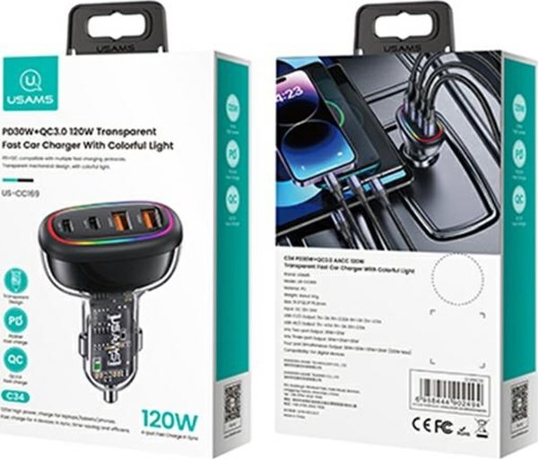 Φορτιστής αυτοκινήτου Usams 2xUSB-C 2xUSB-A C34 120W μαύρος CC169CC02 (US-CC169)