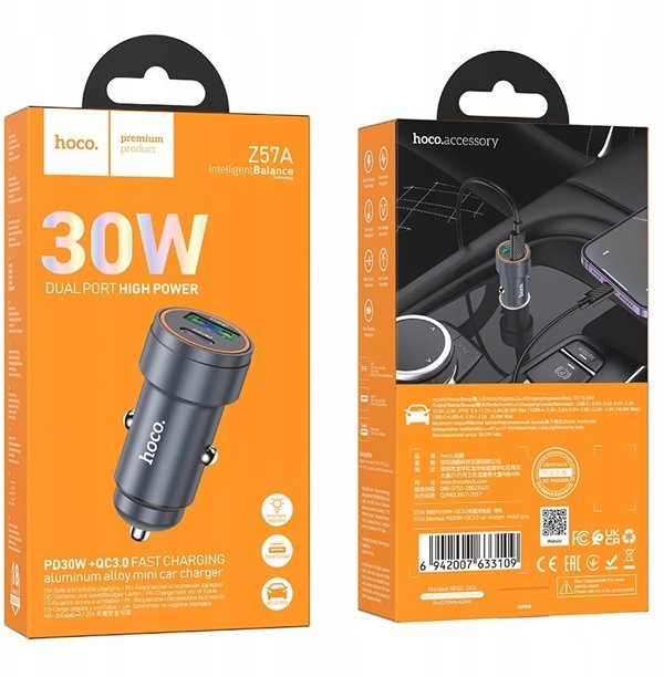 Ladowarka samochodowa Hoco USB A USB C QC3.0 PD 3A 30W Z57A szara