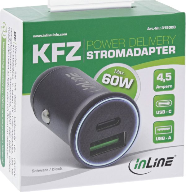 Φορτιστής Αυτοκινήτου InLine 31502B USB-A & USB Type-C, Universal, Μαύρος