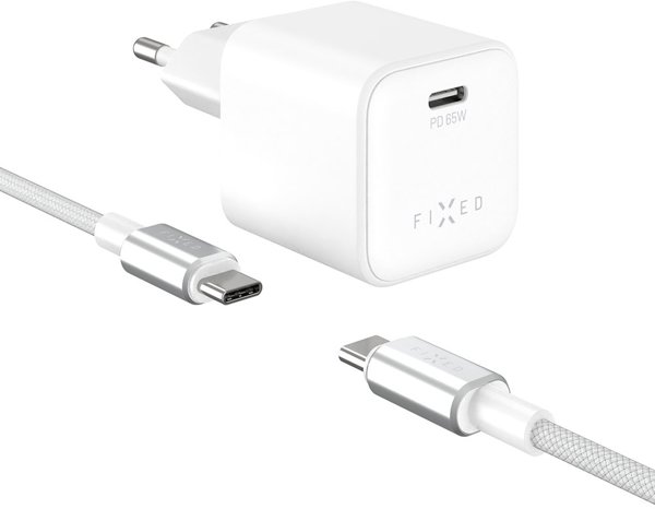 Fixed Mini Φορτιστής GaN 65W USB-C με Καλώδιο USB-C/USB-C 2m, PD Υποστήριξη, Λευκό