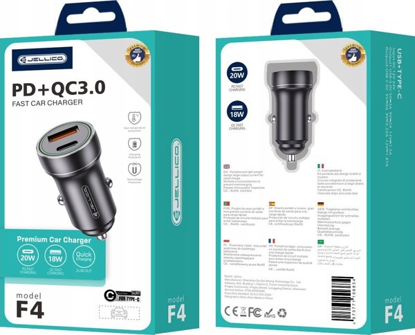 Jellico Φορτιστής Αυτοκινήτου F4 PD 20W 1xUSB-C + 1xUSB QC3.0 με Καλώδιο USB-C, Μαύρος