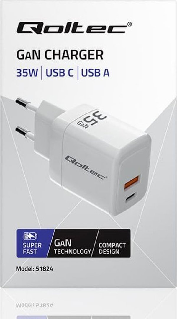 Φορτιστής Qoltec 35W GaN, USB-C PD & USB QC 3.0, Λευκός