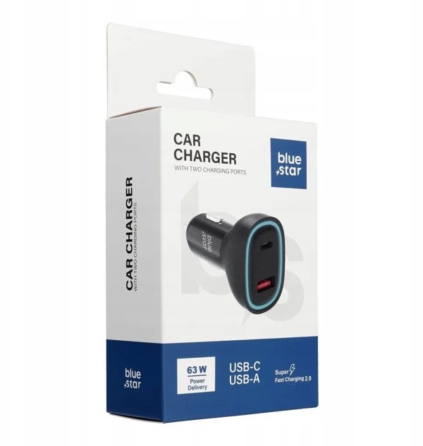 Φορτιστής αυτοκινήτου Blue Star USB C + USB A QC3.0 PD AFC PPS SFC2.0 3A 63W σε μαύρο χρώμα
