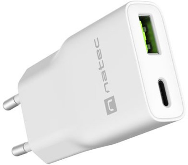 Φορτιστής δικτύου Natec Ribera GAN Slim 20W USB-A + USB-C λευκός