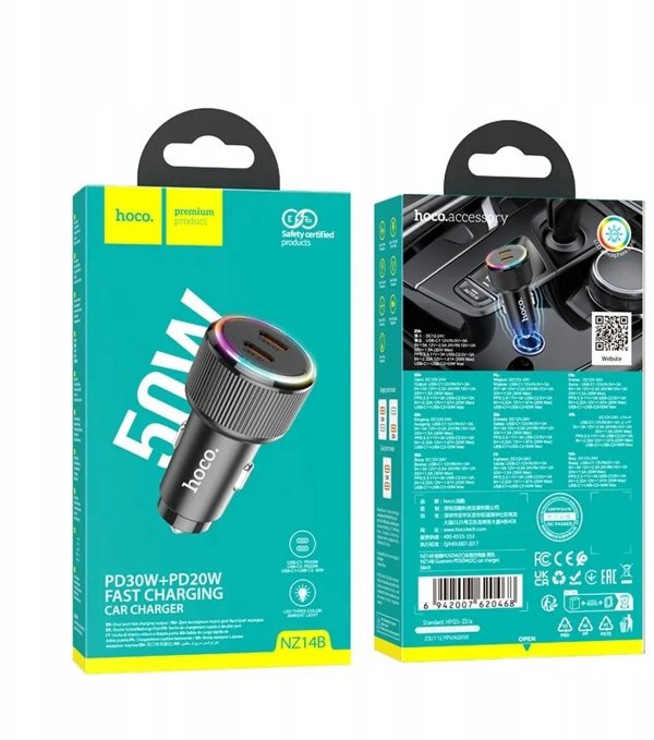 Φορτιστής αυτοκινήτου Hoco 2 x USB C QC PD 50W NZ14B μαύρος