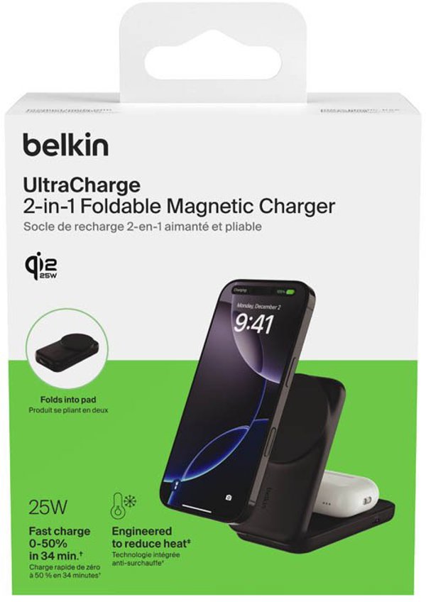 Ładowarka Belkin UltraCharge Qi2 magnetyczna składana 2w1 25W Czarny (WIZ038KQBK)