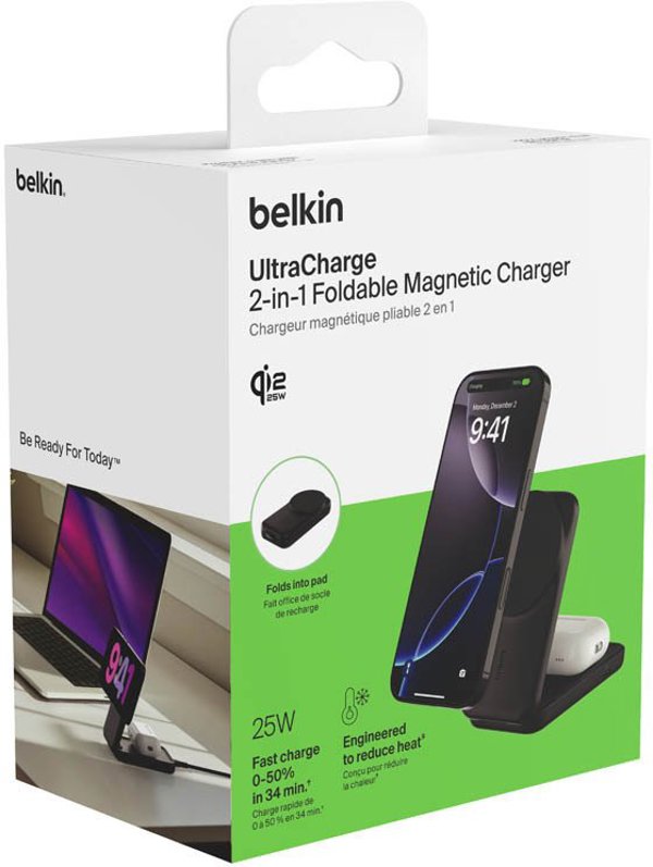 Ładowarka Belkin UltraCharge Qi2 magnetyczna składana 2w1 25W Czarny (WIZ038KQBK)