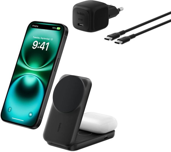 Ładowarka Belkin UltraCharge Qi2 magnetyczna składana 2w1 25W Czarny (WIZ038KQBK)